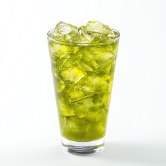 A refreshing glass of green iced beverage with ice cubes, isolated on white background.