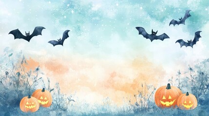 Whimsical Watercolor Halloween Night Sky with Bats, Pumpkins, and Stars