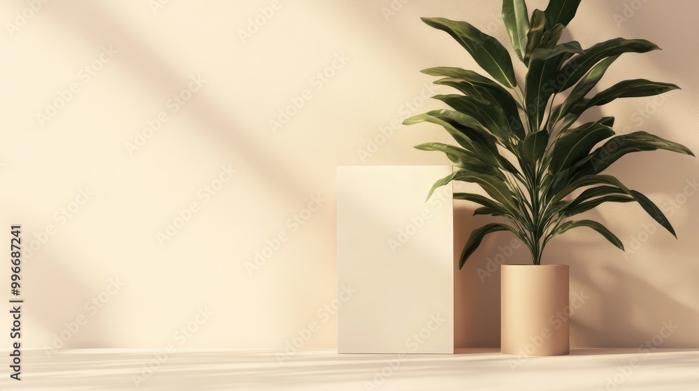 Poster a standing brochure mockup is displayed in a minimalist environment featuring warm tones and soft li