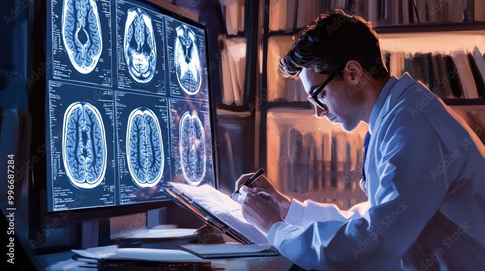 Poster a scientist analyzes brain scans while taking notes in a lab setting.