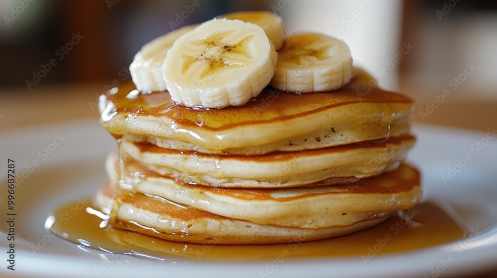 Poster a stack of pancakes topped with banana slices and drizzled with honey