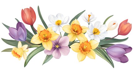 Spring watercolor bouquet with daffodils, tulips, and crocuses
