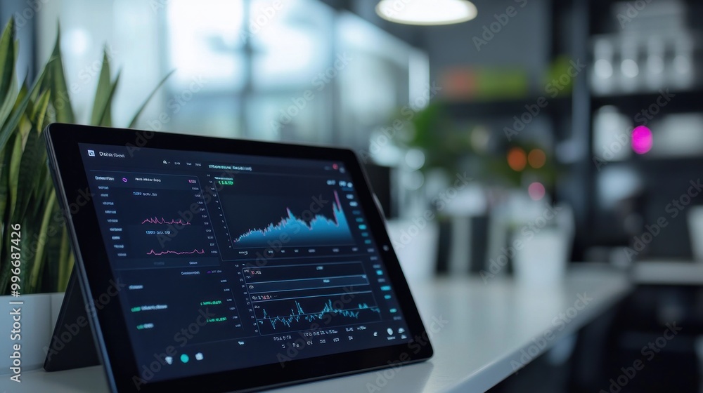 Poster a tablet displaying financial data and graphs in a modern office environment.