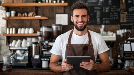 Fototapeta premium Happy barista in apron holding a tablet.