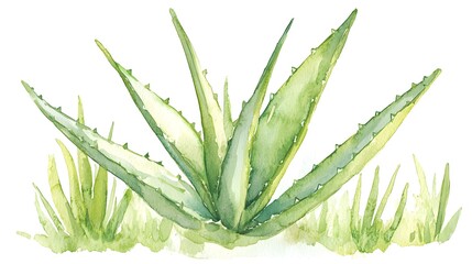 Obraz premium Watercolor aloe vera plant with intricate leaf textures and soft green tones