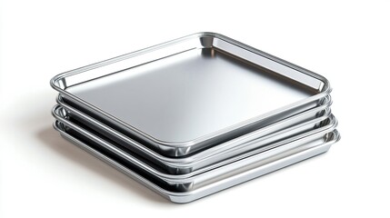 Stack of shiny metal trays ideal for baking, serving, or organizing items in kitchens and restaurants.