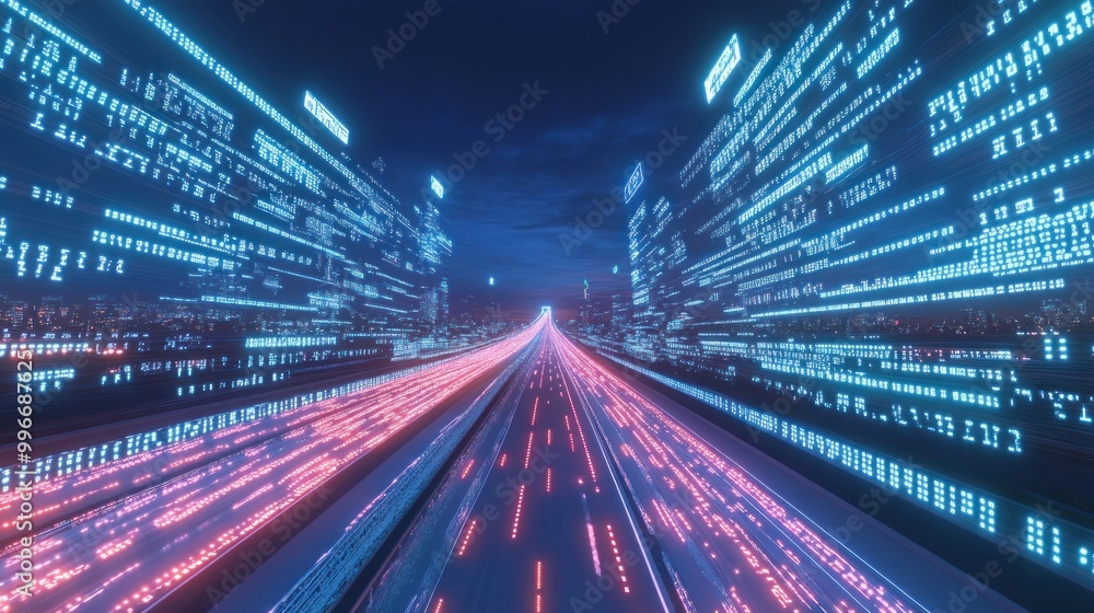 Poster a futuristic cityscape with vibrant lights and data streams creating a sense of speed.