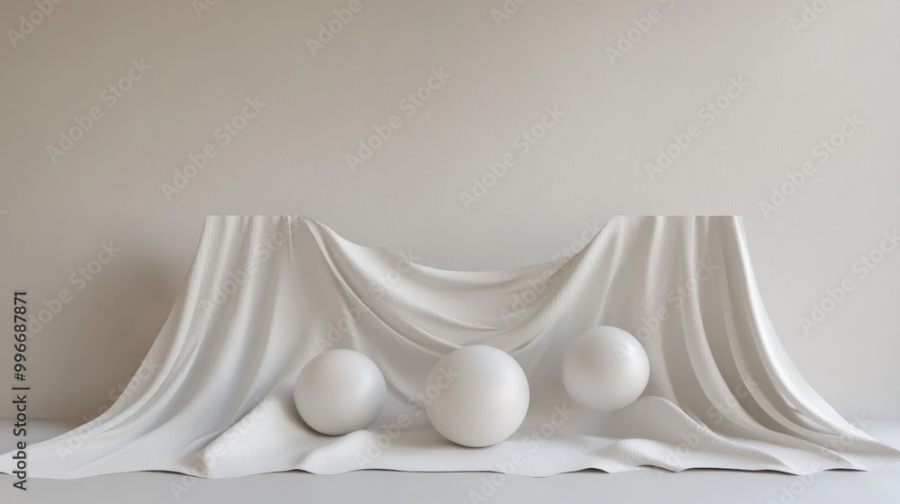 Poster a mockup displays a torn curtain design with three circular shapes on a clean white background empha