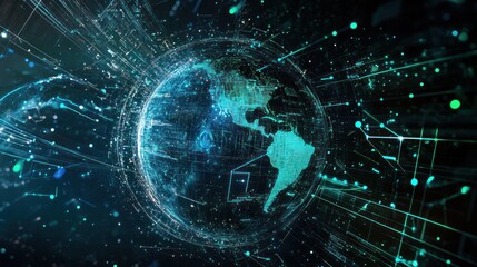 Obraz premium A digital representation of Earth surrounded by data streams and technology elements.
