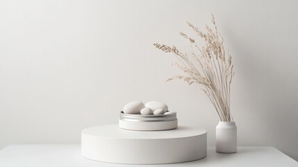 A minimalist setup featuring a podium and a circular tin filled with stones on a white background ideal for showcasing natural cosmetic products