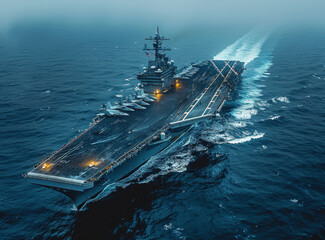 Navy aircraft carrier navigating blue ocean waters with spotlighted deck