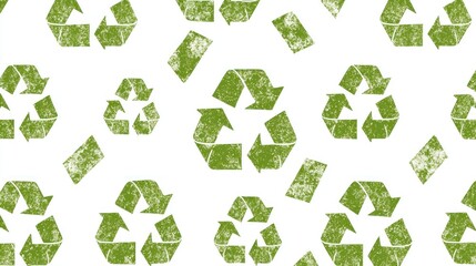 Seamless pattern of green recycle symbols on a white background.