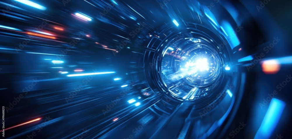 Poster futuristic tunnel with blue lights, creating a sense of speed and motion.