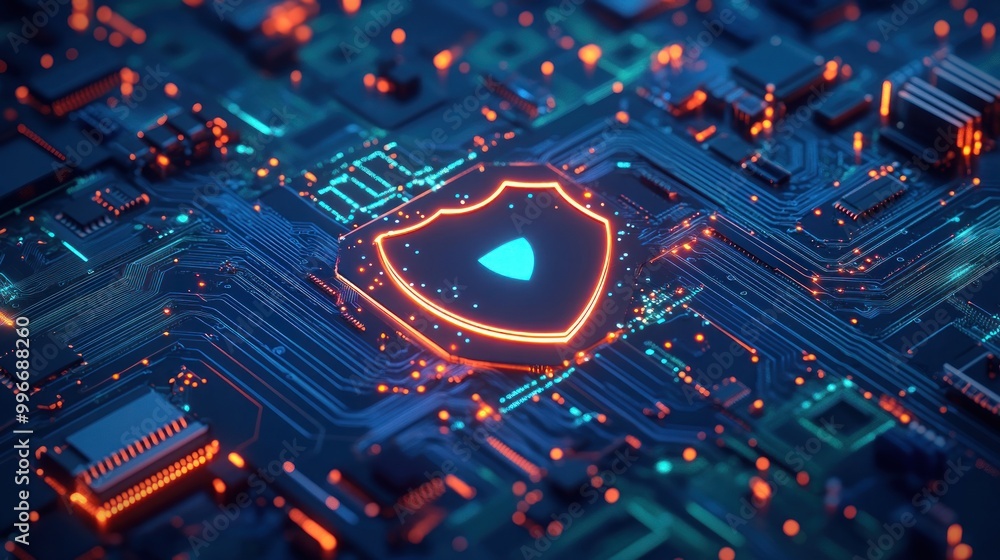 Poster digital circuit board with a glowing shield symbolizing cybersecurity protection.