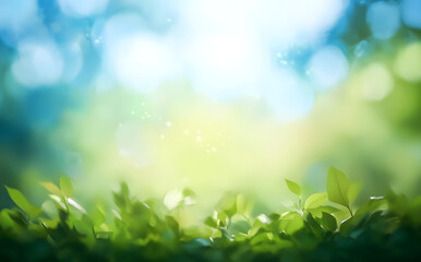 Fototapeta premium An abstract blurred background of a summer blue sky with lush green foilage of trees, bushes and grass