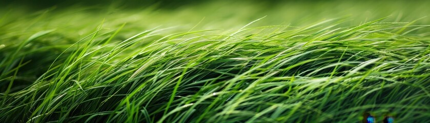 A field of green grass with dew drops on it