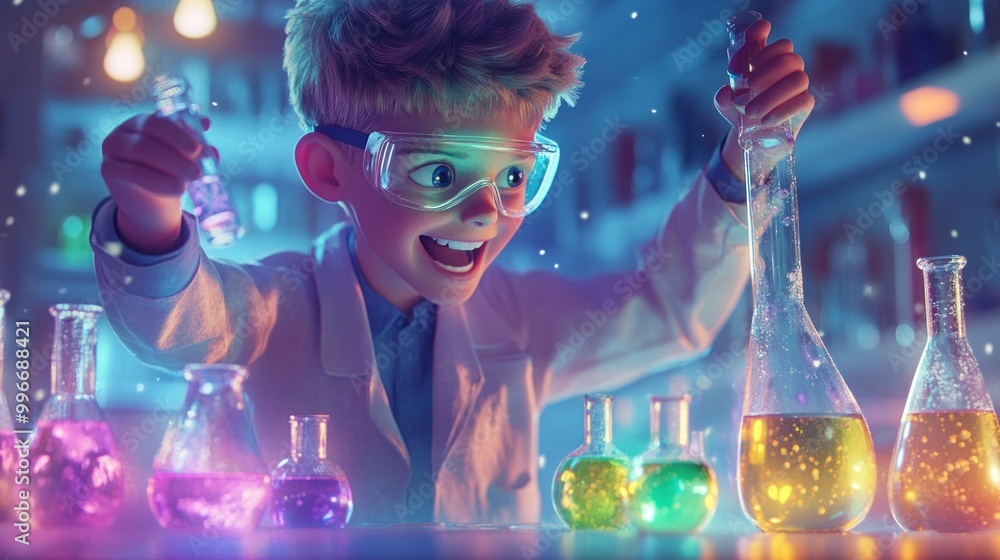 Aufkleber a young scientist joyfully experiments with colorful liquids in a lab setting.