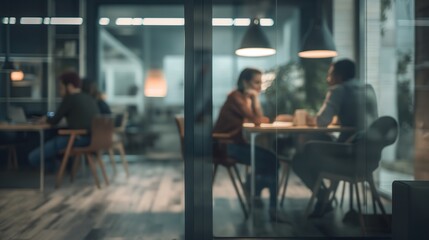 Modern office couple discreetly exchanging smiles during break, capturing subtle workplace romance and connection amidst blurred coworkers.
