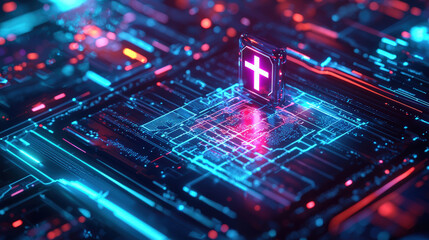 Fototapeta premium A vibrant digital representation of telemedicine, featuring glowing cross symbol on circuit board. This image captures intersection of technology and healthcare, evoking sense of innovation and connec