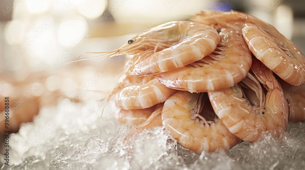 Poster a stack of fresh shrimp sits atop a layer of ice showcasing their recent catch and preservation for 