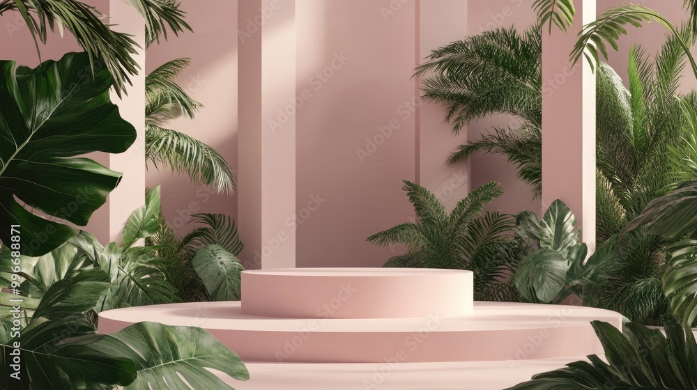 Poster abstract composition featuring a podium in a soft pink room designed for product presentation comple