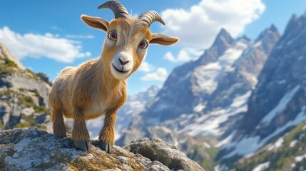 Obraz premium A cartoonish goat stands on a rocky ledge with mountains in the background.