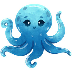 Cute Octopus Cartoon Sea Animals Watercolor Illustration