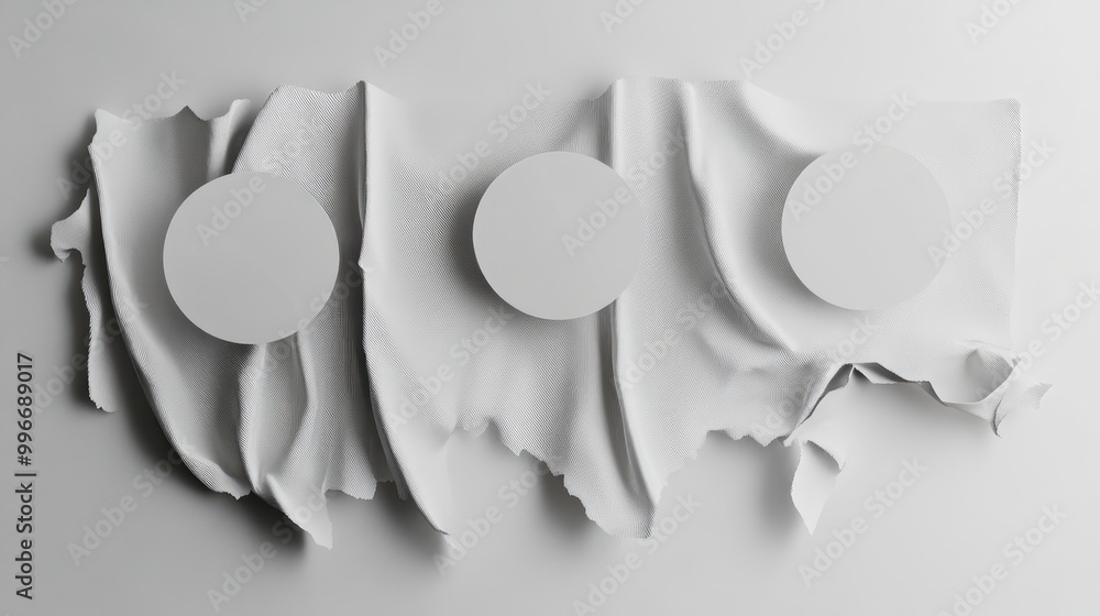 Poster a mockup displays a torn curtain design with three circular shapes on a clean white background empha
