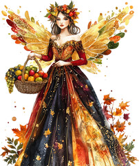 Fototapeta premium Autumn Fairy with Basket of Harvest Fruits 