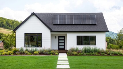 Fototapeta premium Modern eco-friendly home with a solar roof, surrounded by greenery, symbolizing clean energy and sustainable living, harnessing the power of the sun, solar roof, sustainability