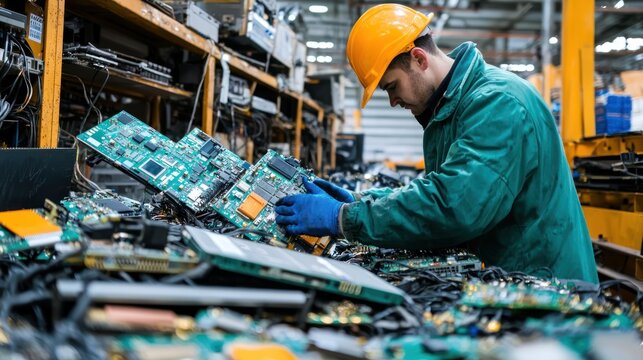 Technician dismantling electronics for recycling at a facility.