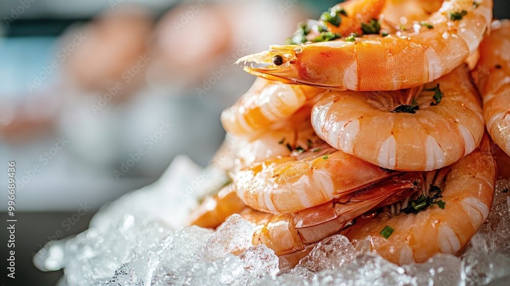 Poster a stack of fresh shrimp sits atop a layer of ice showcasing their recent catch and preservation for 