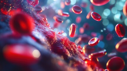 A close-up view of red blood cells in a dynamic, colorful environment.