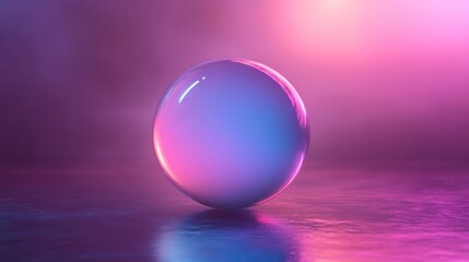 A glass sphere illuminated with pink and blue lighting on a reflective surface.