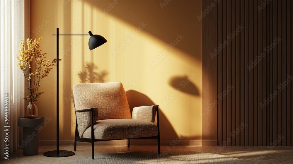 Poster a standing brochure mockup is displayed in a minimalist environment featuring warm tones and soft li