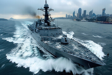 Australian navy battleship accelerates through the waves near a vibrant city skyline