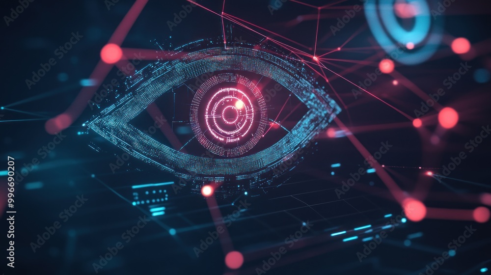 Poster abstract representation of an eye surrounded by digital elements and connections.