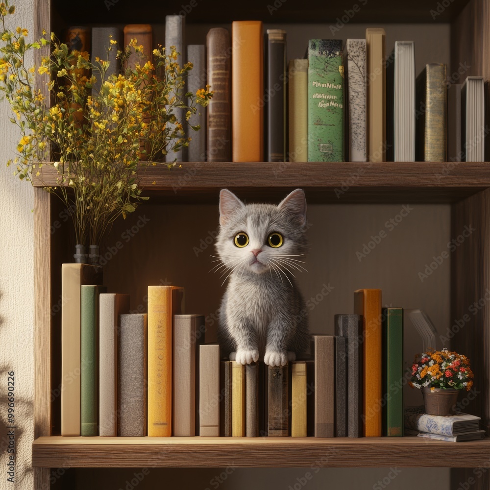 Poster a fun 3d representation of a cat perched on a bookshelf