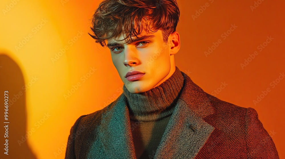 Wall mural stylish young man posing confidently in a turtleneck against a warm gradient background, showcasing 