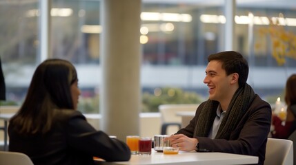Modern office couple discreetly exchanging smiles during break, capturing subtle workplace romance and connection amidst blurred coworkers.