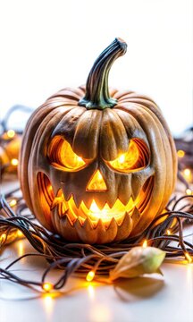 Chilling Halloween Pumpkin Head With Sinsiter Smile and a eerie glow of Light in the background, Graphic Resource for Spooky halloween background posters and halloween parties