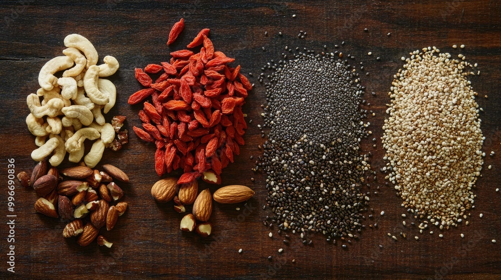 Aufkleber an array of superfoods including goji berries chia seeds quinoa and nuts artfully displayed on a woo