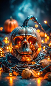Chilling Halloween Pumpkin Head With Sinsiter Smile and a eerie glow of Light in the background, Graphic Resource for Spooky halloween background posters and halloween parties