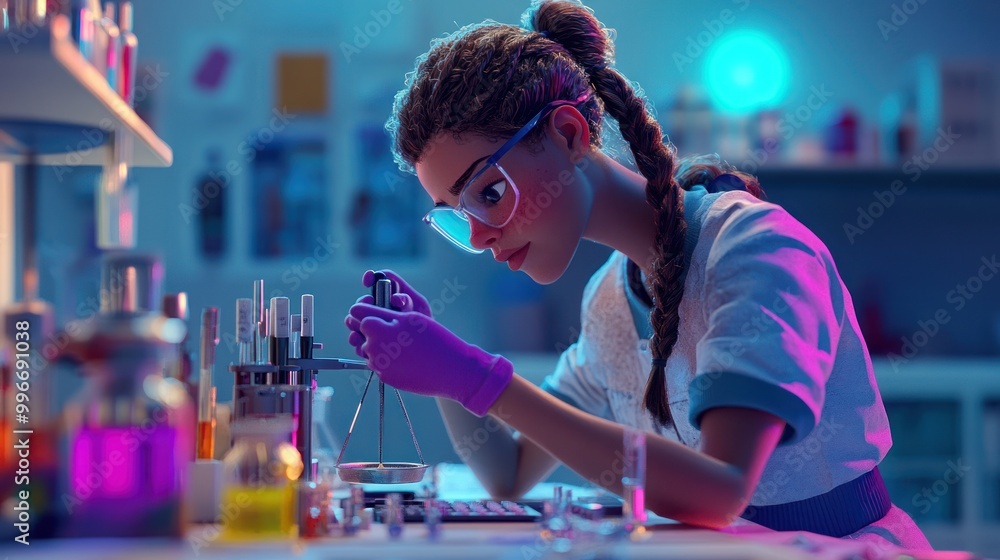 Poster a scientist conducts experiments in a colorful laboratory setting.