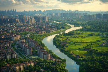 Aerial view of a vibrant countryside landscape with a winding river and urban skyline at dusk, showcasing nature and city life in harmony