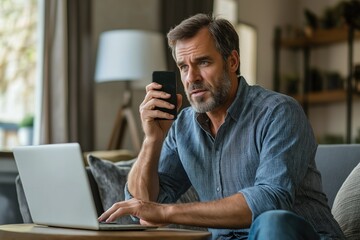 A concerned man receives a scam call while working on his laptop in a cozy living room during a quiet afternoon