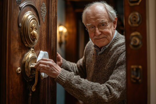 A senior man carefully wipes a door handle with a cleaning cloth, ensuring cleanliness in a well-lit hallway during the daytime - Powered by Adobe