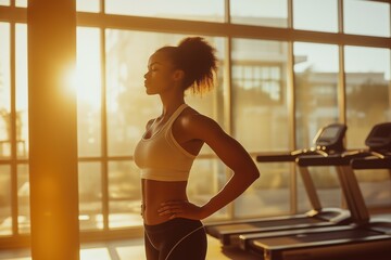 A female runner visualizing her upcoming race in a sunlit gym, focused and determined to achieve her personal best during training