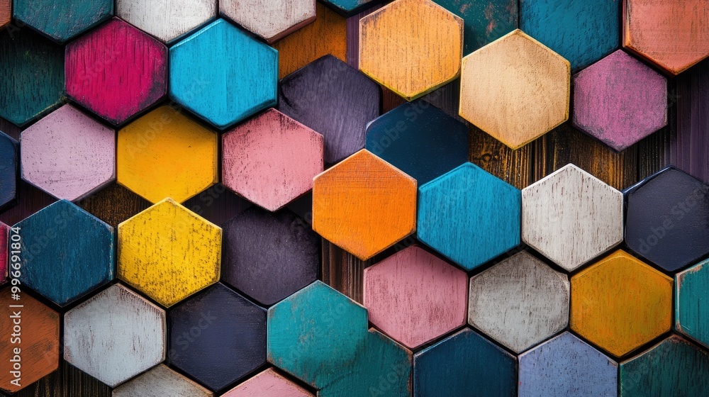 Poster a collection of vibrant hexagons organized in rows