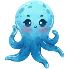 Cute Octopus Cartoon Sea Animals Watercolor Illustration